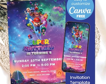 Super Mario Galaxy Birthday Invitation, Space Video Game Party Template (Digital Download)