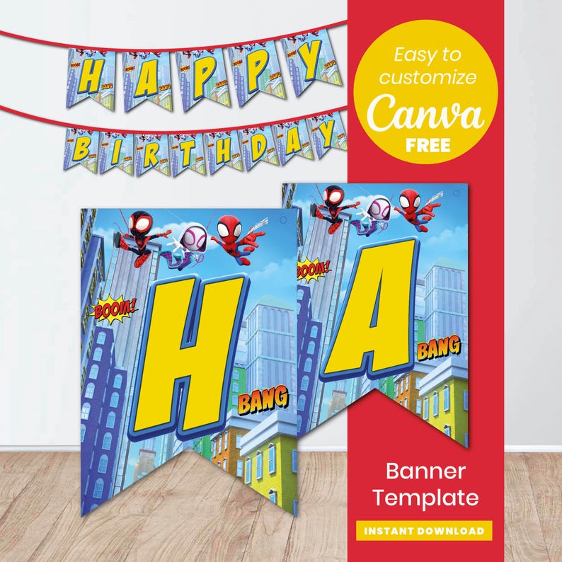 May include: A colorful banner template with the words "HAPPY BIRTHDAY" in blue and yellow letters. The banner features illustrations of superheroes and cityscapes. The design includes the text "Easy to customize Canva FREE" and "Banner Template INSTANT DOWNLOAD".