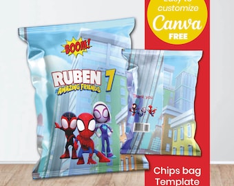 Spidey Chips Bag Template | Spidey and His Amazing Friends Canva Template | Superhero Birthday Party Favor Bag | Printable Treat Bag