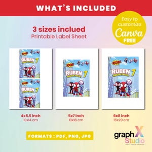 May include: Printable label sheet with a superhero theme, featuring the text "RUBEN 7 AMAZING FRIENDS" and illustrations of cartoon characters. Includes three sizes: 4x5.5 inches (10x14 cm), 5x7 inches (13x18 cm), and 6x8 inches (15x20 cm). Available in PDF, PNG, and JPG formats.