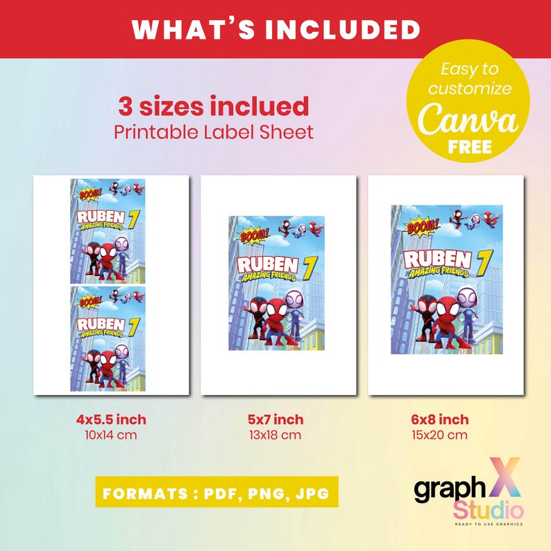 May include: Printable label sheet with a superhero theme, featuring the text "RUBEN 7 AMAZING FRIENDS" and illustrations of cartoon characters. Includes three sizes: 4x5.5 inches (10x14 cm), 5x7 inches (13x18 cm), and 6x8 inches (15x20 cm). Available in PDF, PNG, and JPG formats.