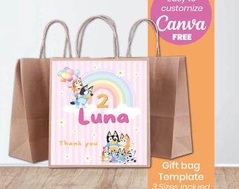 Bluey Girl Gift Bag Labels, Pink Bluey Birthday Party Favors, Editable Canva Template, Favor Bag Toppers, Girl Party Decor, Instant Download