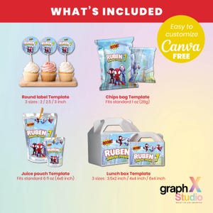 Pu&ograve; includere: Un assortimento di modelli per bomboniere a tema supereroi. Include etichette rotonde, sacchetti per patatine, bustine di succo e modelli per scatole per il pranzo. Il testo "RUBEN 7 AMAZING FRIENDS" &egrave; visibile. L'immagine include anche il testo "WHAT'S INCLUDED" e "Easy to customize Canva FREE".