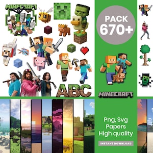 May include: A collection of Minecraft-themed digital assets, including character illustrations, pixel art, and landscape backgrounds. The image features various characters, a bee, a pig, and the text "PACK 670+". The bottom of the image has the text "Png, Svg Papers High quality".