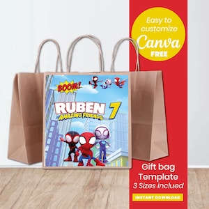 May include: Brown paper gift bags with handles. The central bag features a colorful graphic of cartoon superheroes with the text "Ruben 7 Amazing Friends." The design includes the text "Easy to customize Canva FREE" and "Gift bag Template 3 Sizes included."