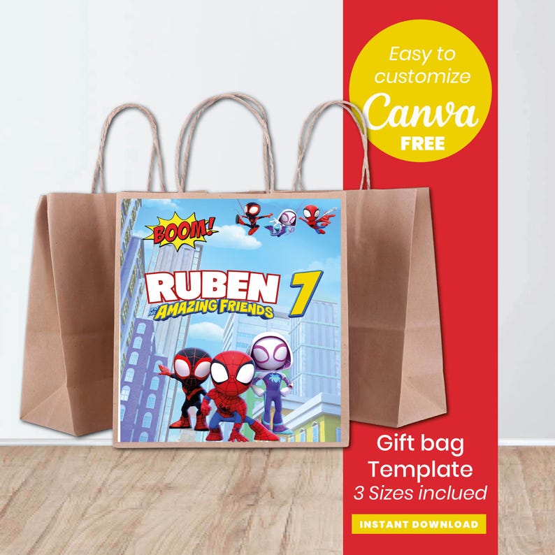 May include: Brown paper gift bags with handles. The central bag features a colorful graphic of cartoon superheroes with the text "Ruben 7 Amazing Friends." The design includes the text "Easy to customize Canva FREE" and "Gift bag Template 3 Sizes included."