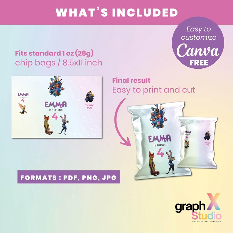 K&ouml;nnte beinhalten: Ein Design f&uuml;r Chipst&uuml;ten mit dem Namen "EMMA" und der Zahl "4", mit Cartoon-Tierillustrationen. Das Design passt f&uuml;r Standard-Chipst&uuml;ten mit 28 g und ist 21,6 x 27,9 cm gro&szlig;. Das Bild enth&auml;lt den Text "WAS ENTHALTEN IST" und "FORMATE: PDF, PNG, JPG".