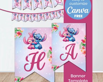 Stitch Angel Banner Template | Editable Canva Banner | Lilo Stitch Birthday Party Decor | Printable Party Banner | Instant Download