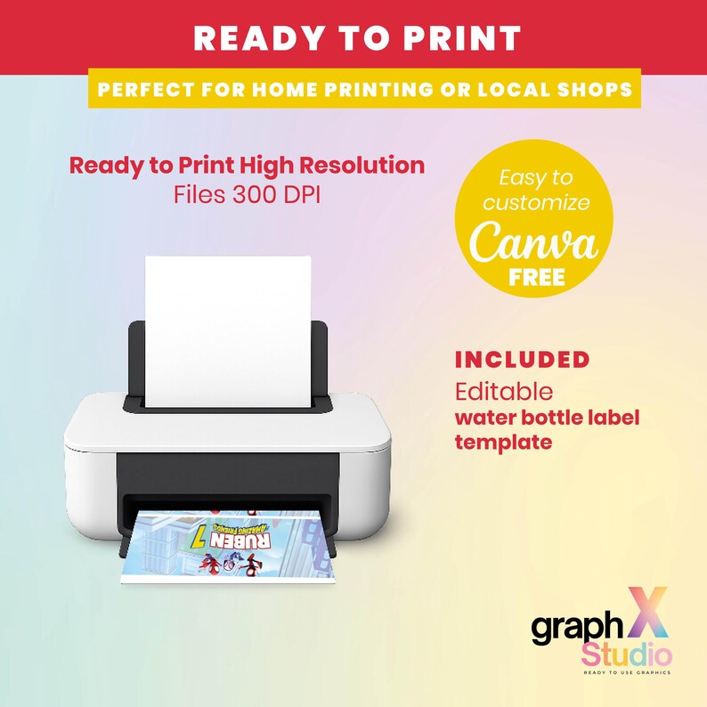 May include: A white and black printer with a printed water bottle label. The image includes the text "READY TO PRINT", "Ready to Print High Resolution Files 300 DPI", "Easy to customize Canva FREE", and "INCLUDED Editable water bottle label template".