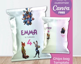 Zootopia Birthday Chip Bag Template | Editable Canva Design (Digital Download)