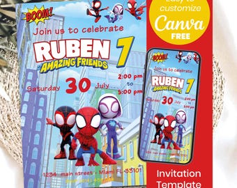 Spidey Invitation Template | Spidey and His Amazing Friends Birthday Invite | Editable Canva Template | Digital & Printable Invitation