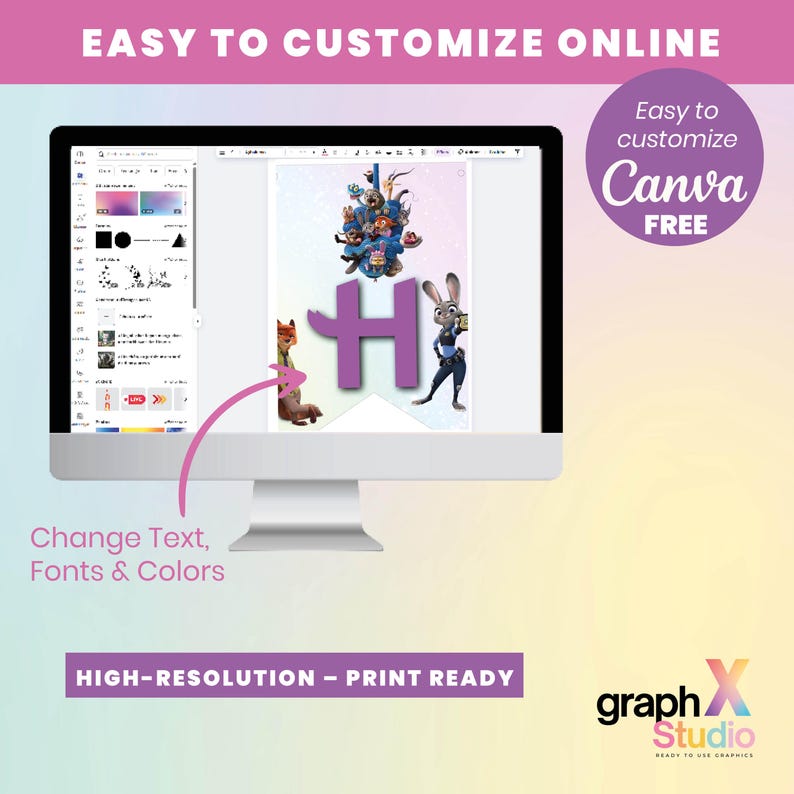 Pode incluir: Um monitor de computador exibe um design de banner personaliz&aacute;vel com a letra "H" e personagens de desenhos animados. A tela mostra op&ccedil;&otilde;es de edi&ccedil;&atilde;o e o texto "Easy to customize Canva FREE". O banner &eacute; "HIGH-RESOLUTION - PRINT READY".