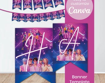 Banner K-Pop Damon Hunters | Modelo editável do Canva | Decoração de festa para impressão | Download instantâneo