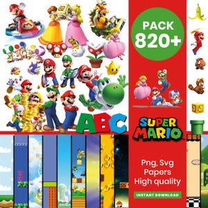 Puede incluir: Una colección digital con temática de Super Mario. La imagen presenta varios personajes, incluyendo a Mario, Luigi, la Princesa Peach y Yoshi. La imagen también incluye el texto "PACK 820+" y "SUPER MARIO".