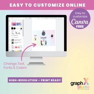 K&ouml;nnte beinhalten: Ein Computermonitor zeigt eine Designvorlage mit dem Text "EMMA 4". Der Bildschirm zeigt Optionen zum &Auml;ndern von Text, Schriftarten und Farben. Das Bild enth&auml;lt auch den Text "EASY TO CUSTOMIZE ONLINE", "Canva FREE" und "HIGH-RESOLUTION - PRINT READY".