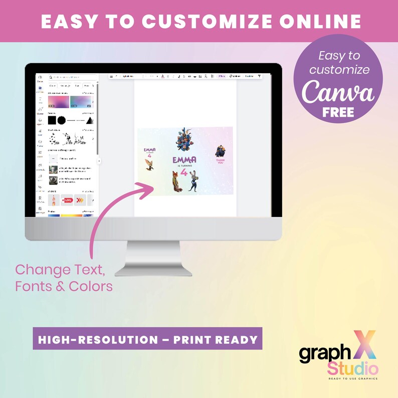 K&ouml;nnte beinhalten: Ein Computermonitor zeigt eine Designvorlage mit dem Text "EMMA 4". Der Bildschirm zeigt Optionen zum &Auml;ndern von Text, Schriftarten und Farben. Das Bild enth&auml;lt auch den Text "EASY TO CUSTOMIZE ONLINE", "Canva FREE" und "HIGH-RESOLUTION - PRINT READY".