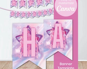 Banner de aniversário editável do K-Pop Damon Hunters | Bandeirinhas de festa para imprimir | Modelo Canva | Download instantâneo