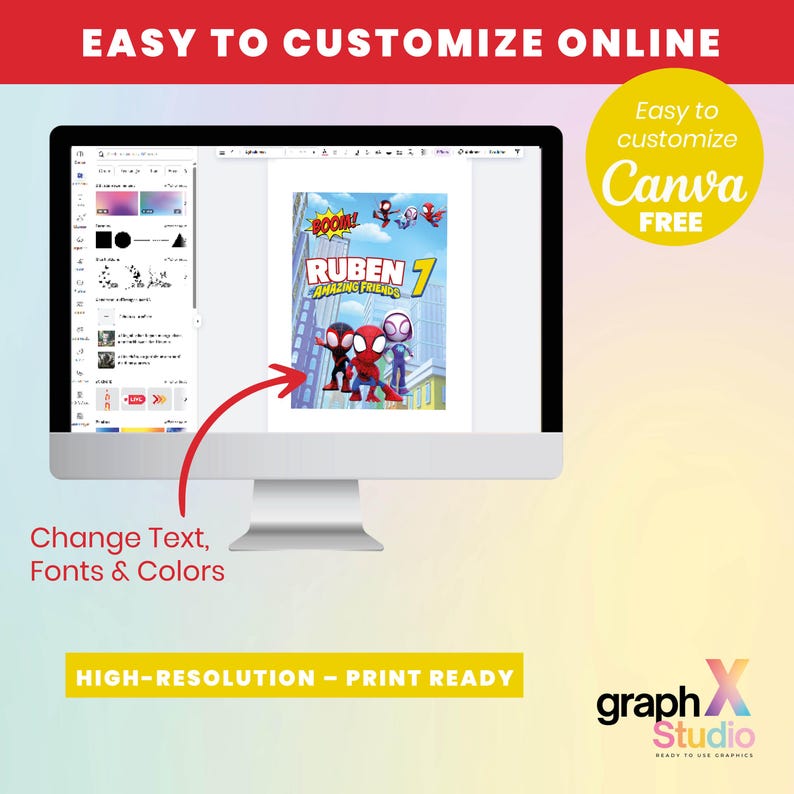 Pu&ograve; includere: Un monitor di computer mostra un design grafico colorato con il testo "RUBEN 7 AMAZING FRIENDS" e personaggi dei cartoni animati. L'immagine &egrave; etichettata come "Easy to customize Canva FREE" e "ALTA RISOLUZIONE - PRONTO PER LA STAMPA". Il design consente modifiche a testo, caratteri e colori.