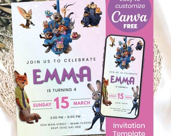 Zootopia Birthday Invitation Template | Editable Canva Invitation | Animal City Party Invite | Kids Digital Download