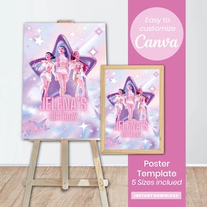 May include: A poster template with a star-shaped design featuring three figures in white outfits. The poster reads "JELENA'S BIRTHDAY" in pink text. A smaller framed version is also displayed. The background is a mix of pink, purple, and blue.