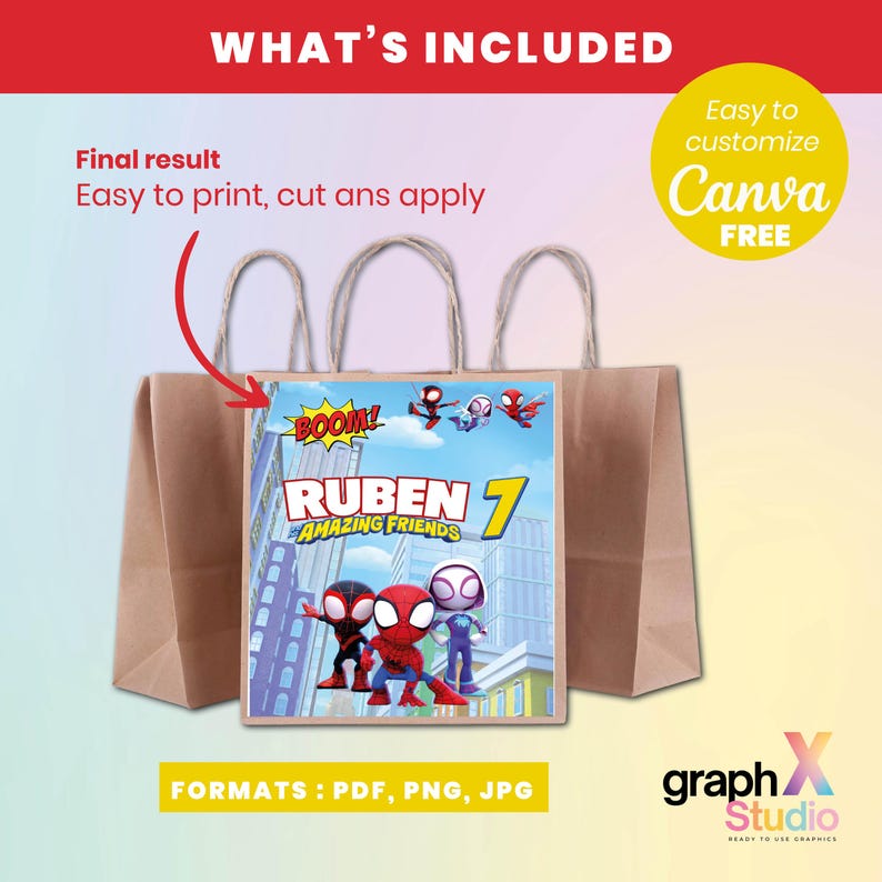 May include: Brown paper gift bags with a colorful graphic featuring the text "RUBEN 7 AMAZING FRIENDS" and superhero characters. The image includes the text "Easy to print, cut ans apply" and "Easy to customize Canva FREE".