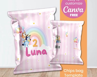 Bluey Girl Chip Bag | Pink Bluey Birthday Party Favors |Editable Canva Template | Snack Bag Wrappers | Girl Party Decor | Instant Download