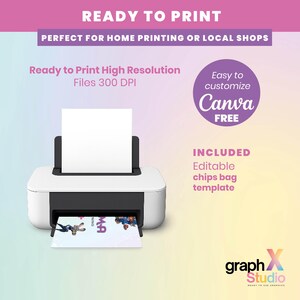 K&ouml;nnte beinhalten: Ein wei&szlig;er Drucker mit schwarzem Oberteil wird mit einem bedruckten Blatt Papier gezeigt. Das Bild enth&auml;lt den Text "READY TO PRINT" und "Easy to customize Canva FREE". Das Bild enth&auml;lt auch den Text "Ready to Print High Resolution Files 300 DPI".