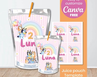 Bluey Girl Juice Pouch Labels | Bluey Birthday Party Favors | Editable Canva Template | Capri Sun Labels | Party Decor | Instant Download