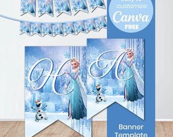 Frozen Birthday Banner | Editable Canva Free | Ice Princess Party Garland | Printable Digital Doownload