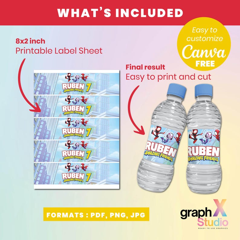 May include: An 8x2 inch printable label sheet with a superhero theme, featuring the text "RUBEN AMAZING FRIENDS" and the number 7. The image also shows two water bottles with the labels applied. The image includes the text "Easy to customize Canva FREE".