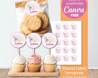 Bluey Girl Cupcake Toppers | Pink Bluey Round Labels | Favor Tags | Editable Canva Template | Girl Birthday Party Decor | Instant Download