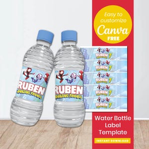 May include: Two water bottles with blue caps and labels featuring cartoon characters and the text "RUBEN AMAZING FRIENDS". A sheet of matching labels is also visible. The image includes the text "Water Bottle Label Template".