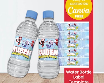 Spidey Water Bottle Label Template | Spidey and His Amazing Friends Canva Template | Superhero Birthday Party Decor | Editable Printable