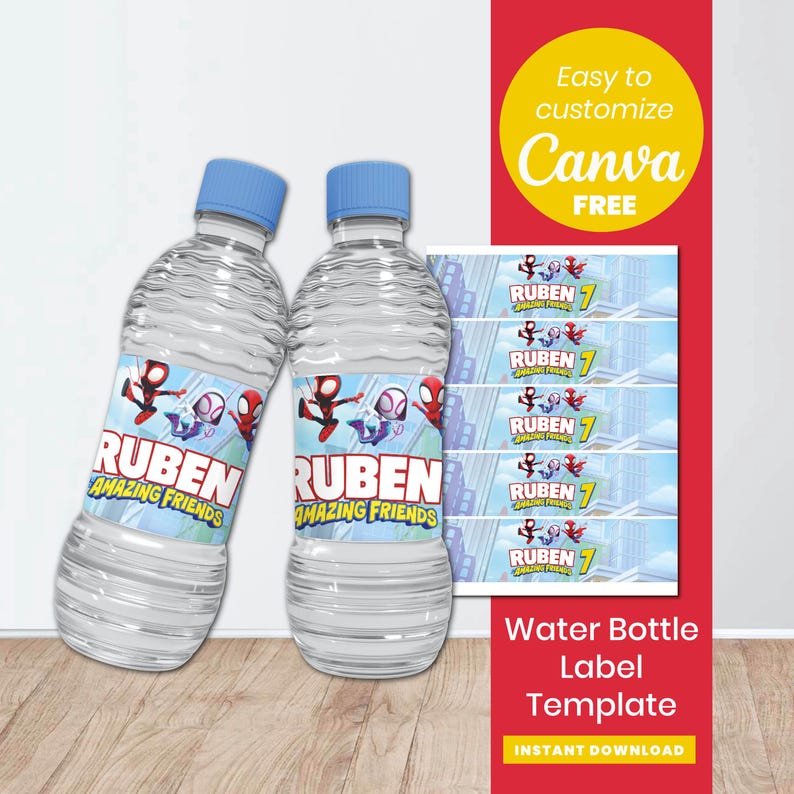 May include: Two water bottles with blue caps and labels featuring cartoon characters and the text "RUBEN AMAZING FRIENDS". A sheet of matching labels is also visible. The image includes the text "Water Bottle Label Template".