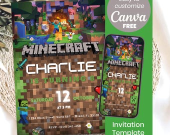 Minecraft Birthday Invitation Template | Editable Canva Free Template | Printable Digital Invite | Instant Download