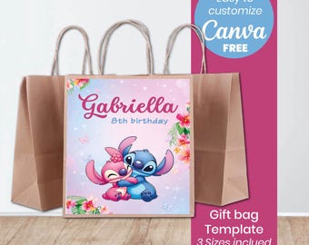Plantilla para bolsa de regalo de Stitch Angel / Plantilla editable de Canva / Bolsa para recuerdos de fiesta de Lilo Stitch / Imprimible para cumpleaños infantiles / Descarga instantánea