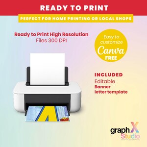 May include: A white and black printer with a sheet of white paper in the tray. The image includes text that says "READY TO PRINT" and "Easy to customize Canva FREE". A graphic with the text "BOOM!" is printed on the paper.