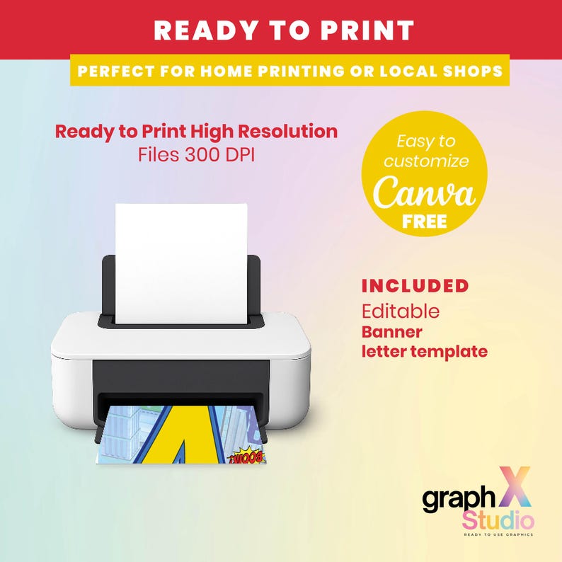 May include: A white and black printer with a sheet of white paper in the tray. The image includes text that says "READY TO PRINT" and "Easy to customize Canva FREE". A graphic with the text "BOOM!" is printed on the paper.