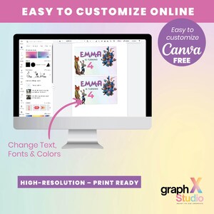 May include: A computer screen displays a design template with the text "EMMA IS TURNING 4". The design features a fox and a rabbit. The screen also shows editing options. Text on the screen says "Easy to customize Canva FREE". The image also says "Change Text, Fonts & Colors" and "HIGH-RESOLUTION - PRINT READY".