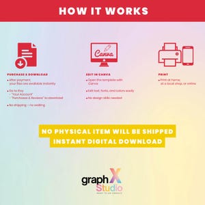 May include: Infographic with the title "HOW IT WORKS" in red. It details the steps: Purchase & Download, Edit in Canva, and Print. Text states "NO PHYSICAL ITEM WILL BE SHIPPED INSTANT DIGITAL DOWNLOAD". The Graph X Studio logo is at the bottom.