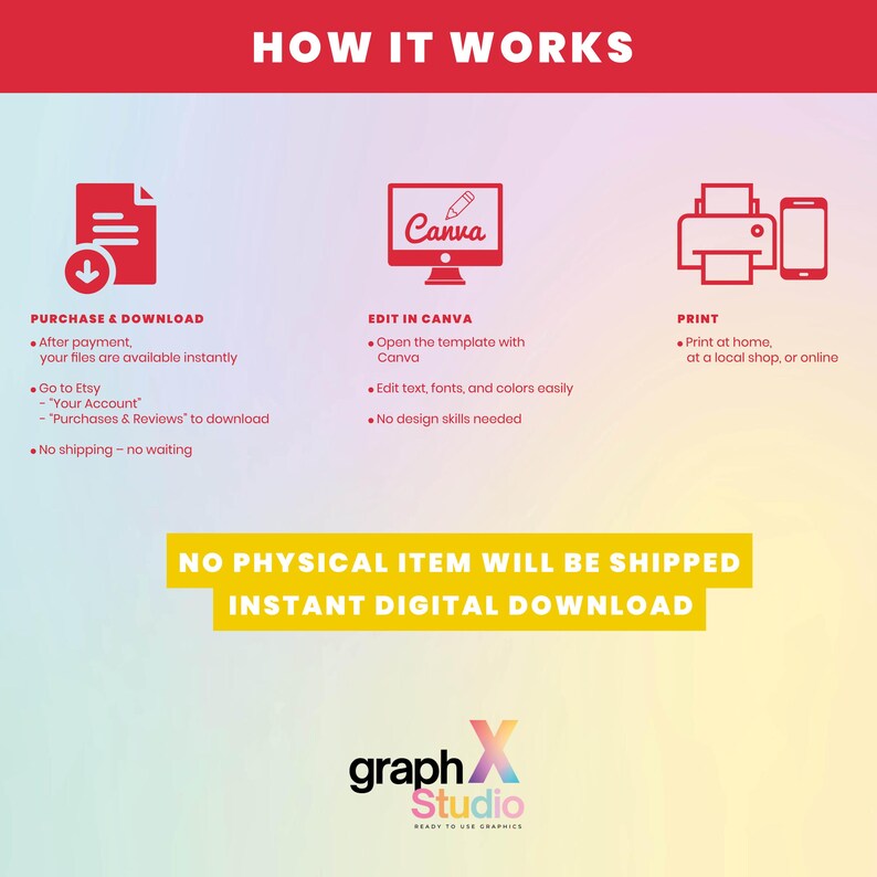 May include: Infographic with the title "HOW IT WORKS" in red. It details the steps: Purchase & Download, Edit in Canva, and Print. Text states "NO PHYSICAL ITEM WILL BE SHIPPED INSTANT DIGITAL DOWNLOAD". The Graph X Studio logo is at the bottom.