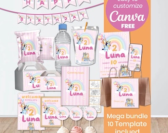 Bluey Girl Birthday Bundle, Pink Bluey Party Decorations, Mega Pack Party Favors, Editable Canva Templates, Girl Birthday Kit, Digital Pack