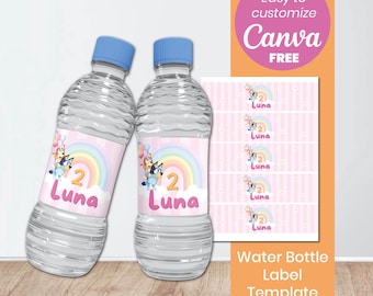 Bluey Girl Water Bottle Labels | Pink Bluey Birthday Party Decor | Editable Canva Template | Girl Party Favors | Instant Download