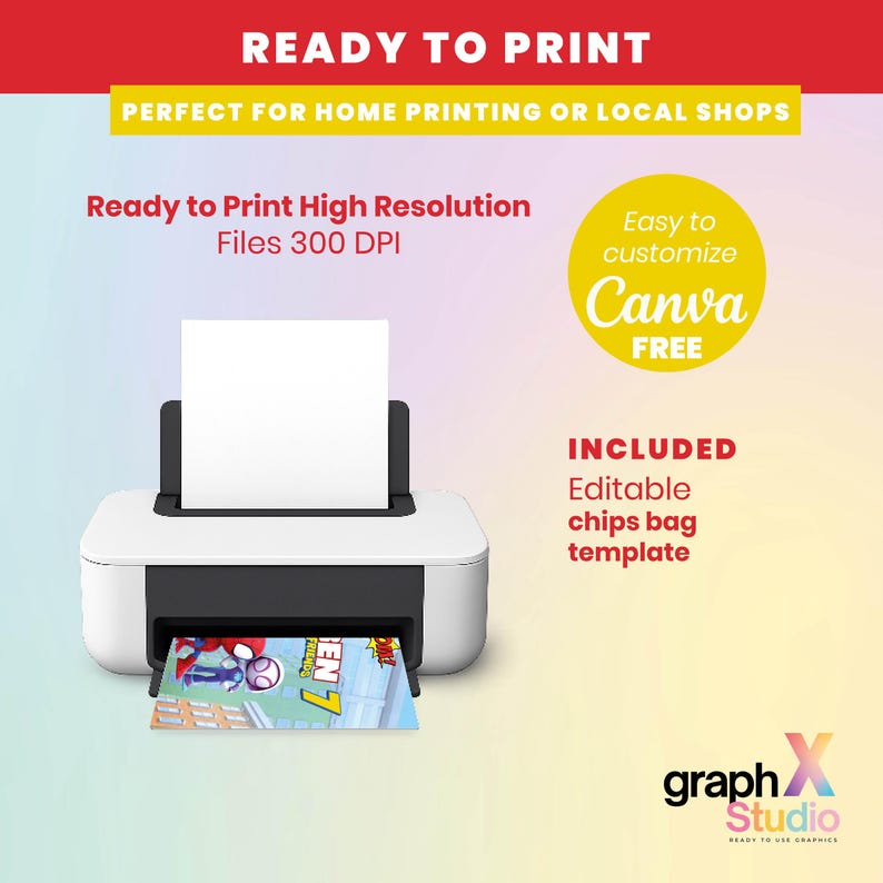May include: A white printer with a black top is printing a colorful comic book page. The image includes text that reads "READY TO PRINT" and "Ready to Print High Resolution Files 300 DPI". A yellow circle says "Easy to customize Canva FREE".