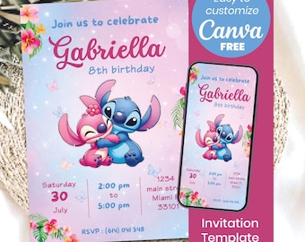 Stitch Angel Invitation Template | Lilo Stitch Birthday Invite | Editable Canva Template | Hawaiian Party Invitation | Instant Download