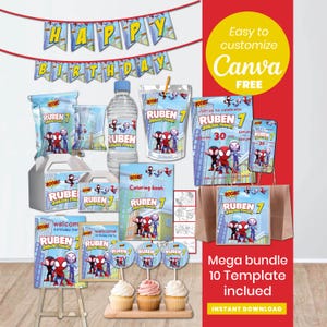 Pu&ograve; includere: Un set per feste di compleanno con uno striscione che recita "HAPPY BIRTHDAY". Il set include articoli per feste come bicchieri, bottiglie d'acqua e inviti, tutti a tema supereroi. Il testo "RUBEN 7" &egrave; ben visibile su vari articoli.