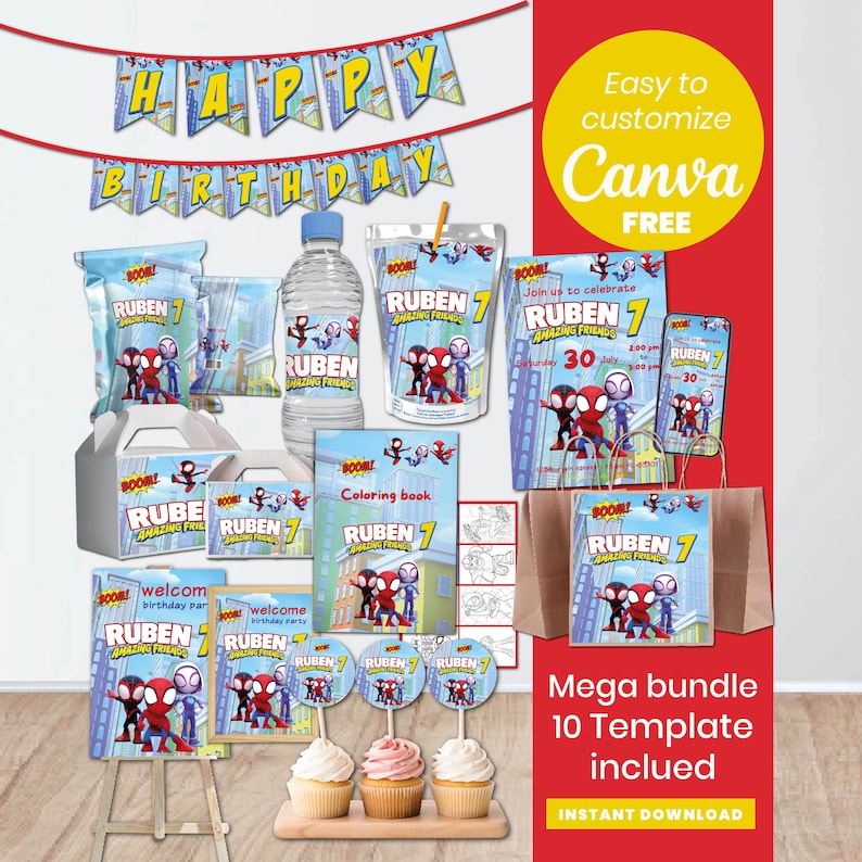 Pu&ograve; includere: Un set per feste di compleanno con uno striscione che recita "HAPPY BIRTHDAY". Il set include articoli per feste come bicchieri, bottiglie d'acqua e inviti, tutti a tema supereroi. Il testo "RUBEN 7" &egrave; ben visibile su vari articoli.