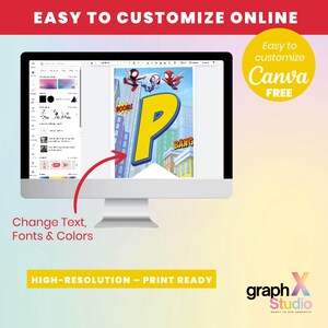 May include: A computer monitor displays a colorful graphic with the text "P" in yellow, superhero figures, and the words "BOOM!" and "BANG!". The screen also shows editing tools. Text on the screen says "Change Text, Fonts & Colors". The image also includes the text "Easy to customize Canva FREE".