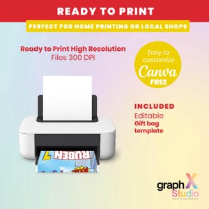 May include: A white printer with a black top is printing a colorful graphic. The image includes text that reads "READY TO PRINT" and "Ready to Print High Resolution Files 300 DPI". A yellow circle says "Canva FREE".