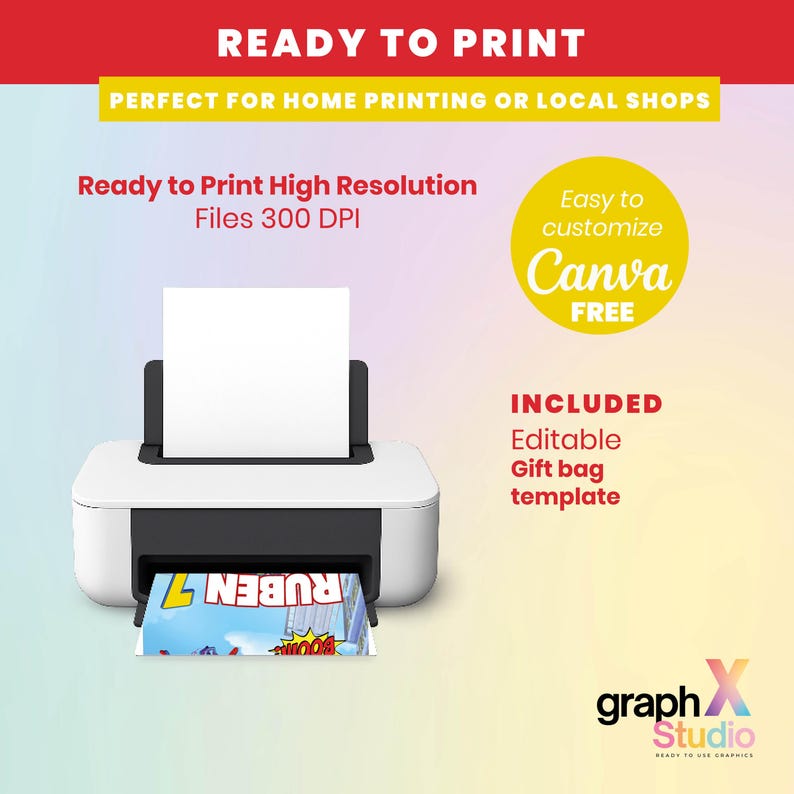 May include: A white printer with a black top is printing a colorful graphic. The image includes text that reads "READY TO PRINT" and "Ready to Print High Resolution Files 300 DPI". A yellow circle says "Canva FREE".